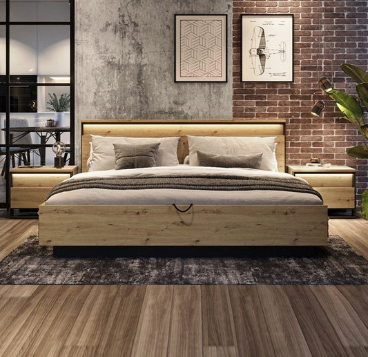 Pat Vant Dimensiune Saltea 180 x 200 Cm, Cu Lada Depozitare Si Somiera Rabatabila, LED, Stejar Artizan Si Negru