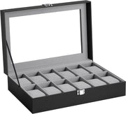 Cutie Pentru Ceasuri Cu Capac Din Sticla, Piele Sintetica Neagra, Captuseala Gri, 30.2 Cm