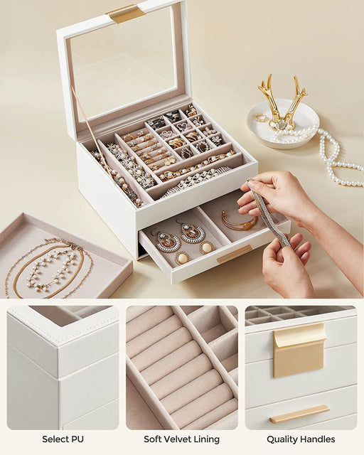 Cutie De Bijuterii Cu 2 Sertare, Cu Capac De Sticla, Alb Si Auriu, 23.1 Cm