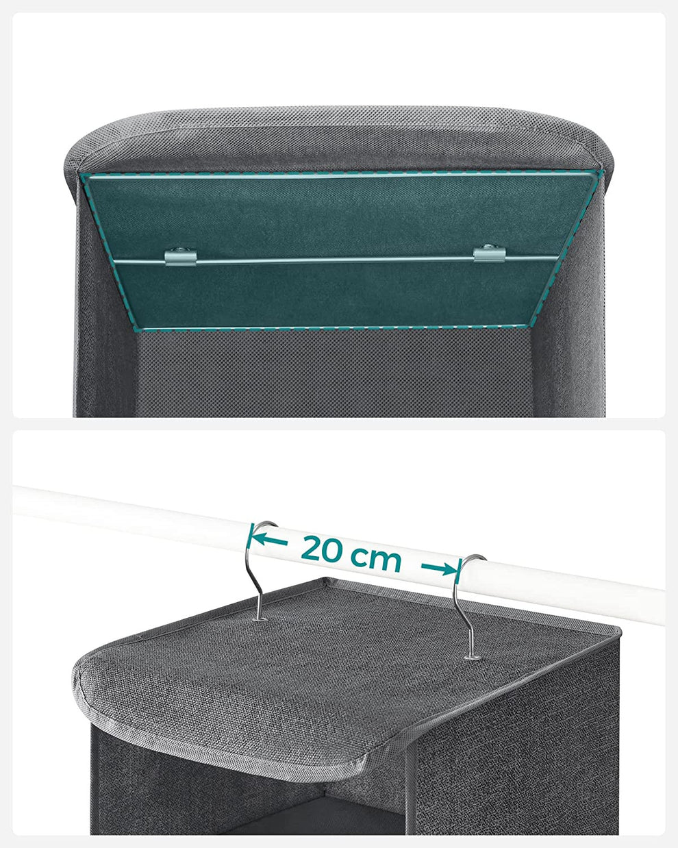 Rafturi De Depozitare Suspendate, Carlige Metalice Si Insertii Din Bambus, Gri, 30 Cm