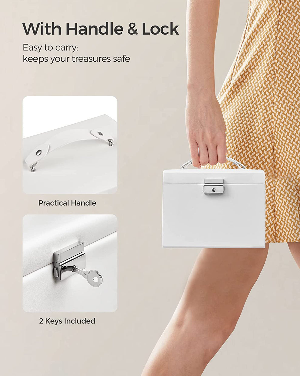 Cutie De Bijuterii Cu Oglinda, Cu 3 Niveluri Si 2 Sertare Cu Maner, Alb