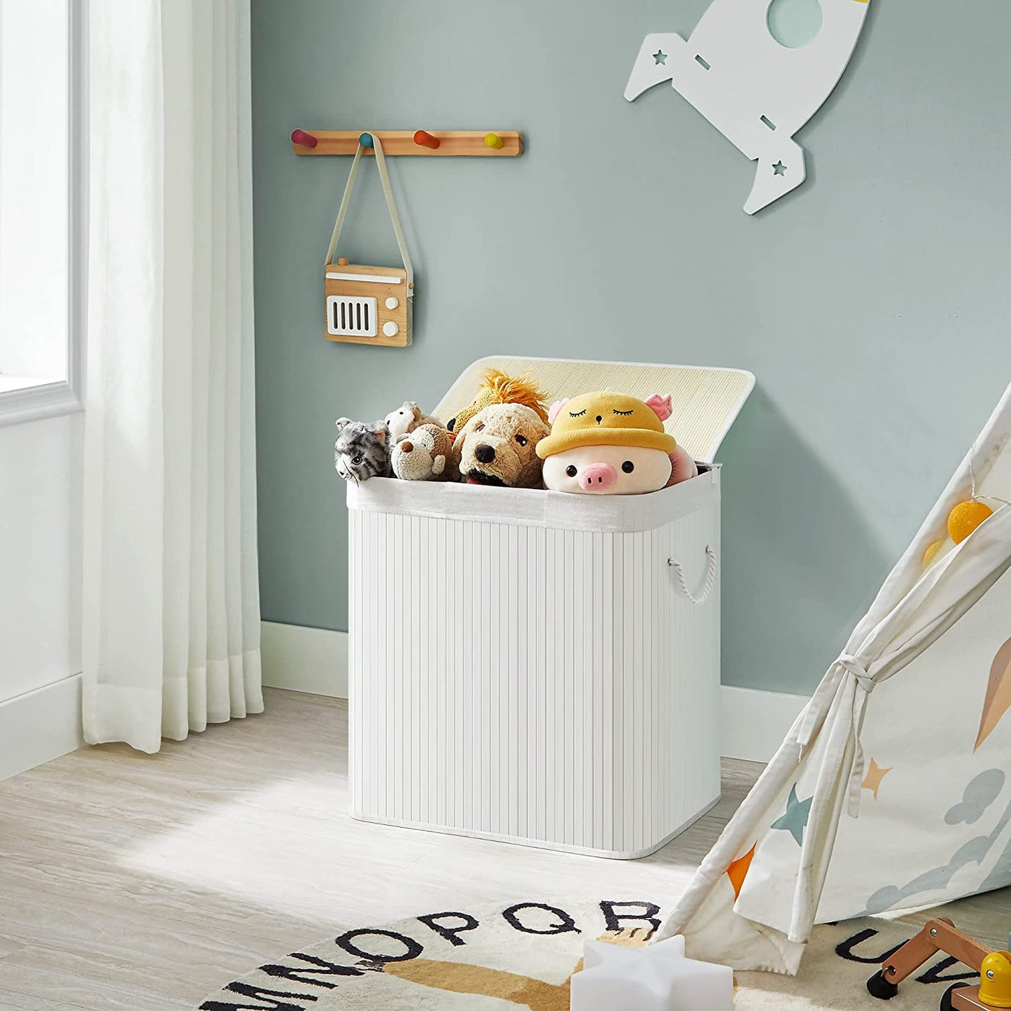 Cos De Rufe Cu 3 Compartimente, Cu Capac, Cu Manere, Pliabil, Alb, 60 Cm