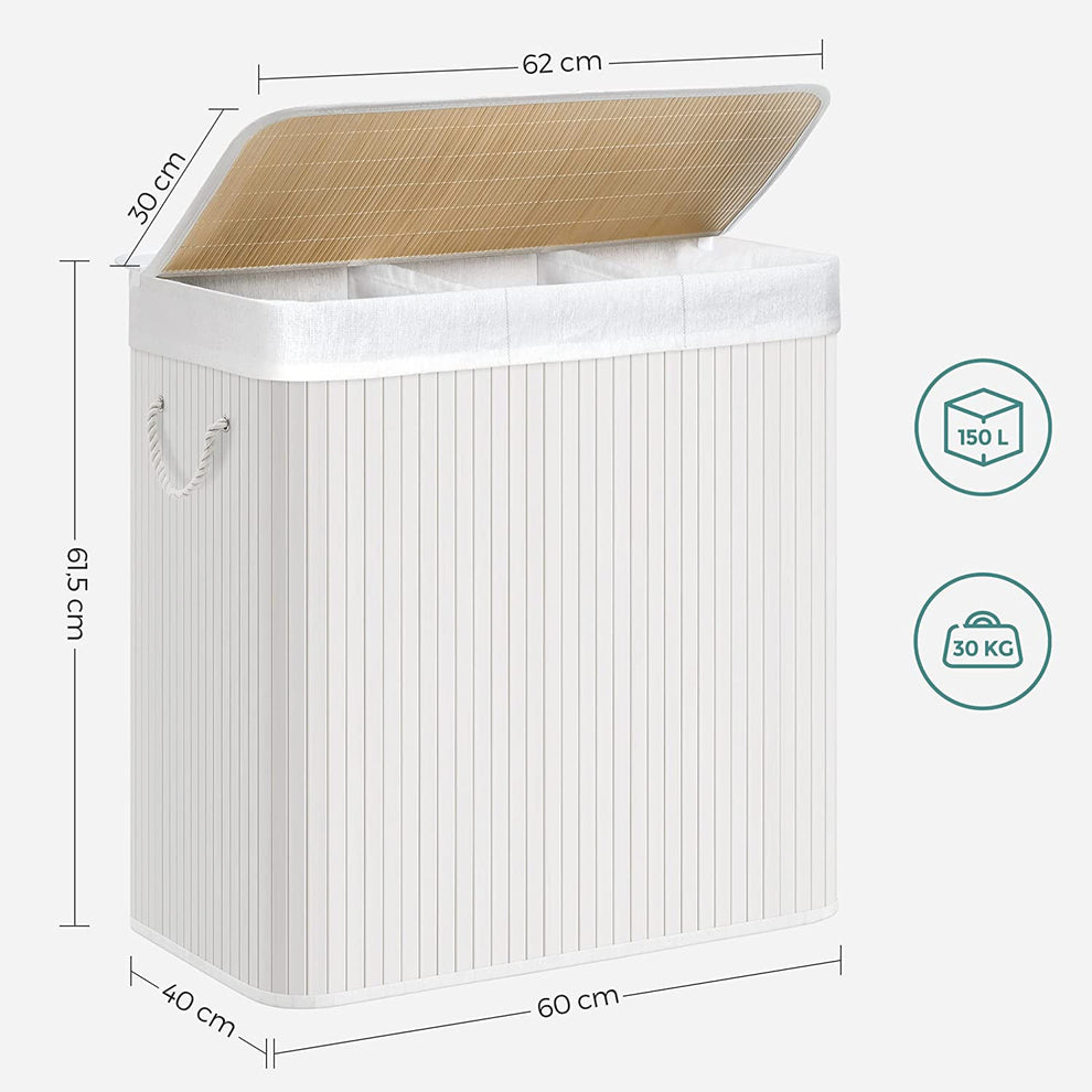 Cos De Rufe Cu 3 Compartimente, Cu Capac, Cu Manere, Pliabil, Alb, 60 Cm