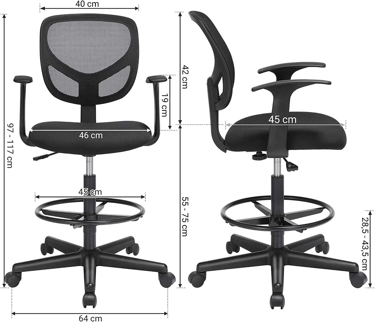 Scaun De Birou Ergonomic Cu Cotiere, Pivotant, Reglabil Pentru Picioare, Negru