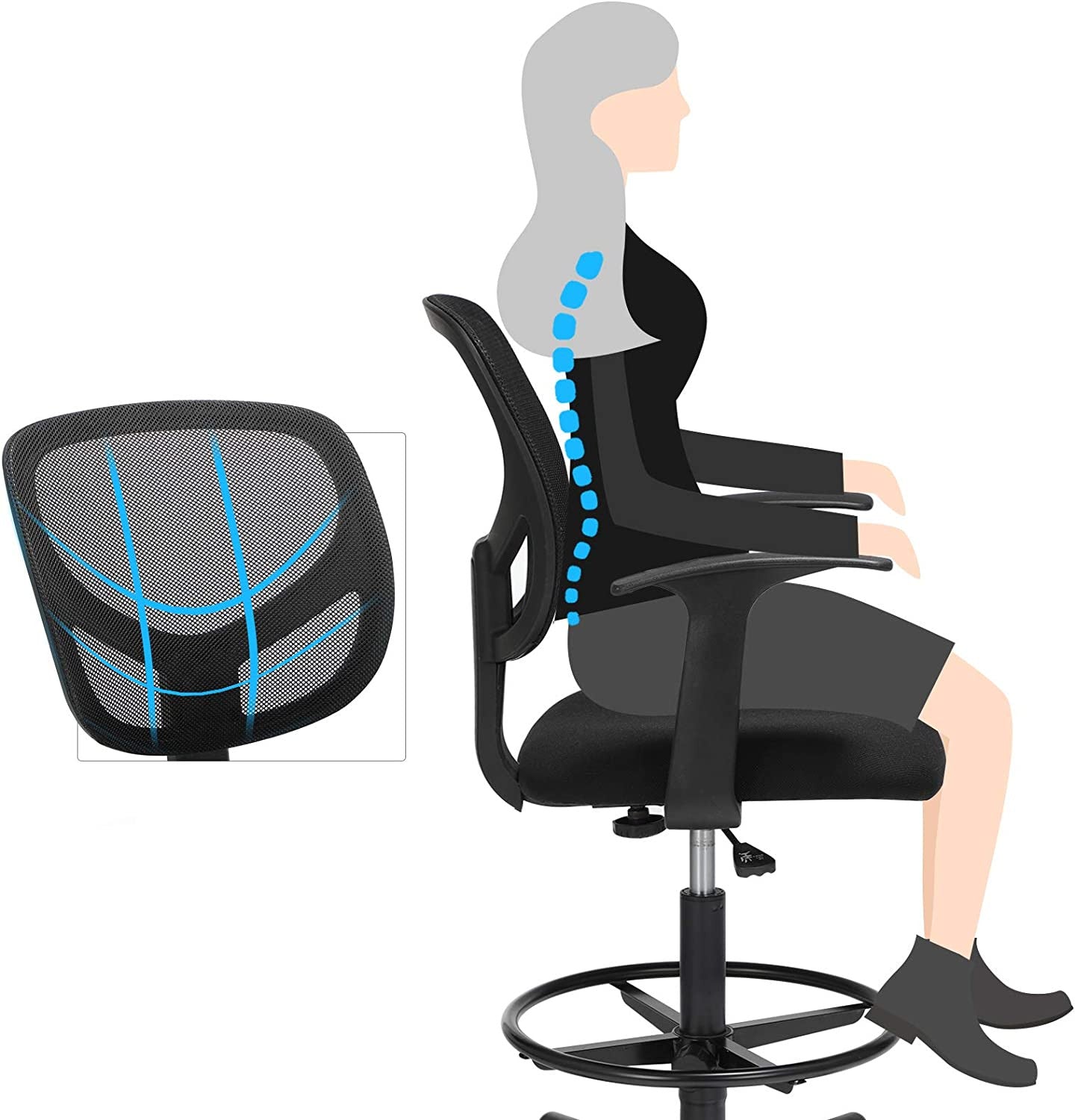 Scaun De Birou Ergonomic Cu Cotiere, Pivotant, Reglabil Pentru Picioare, Negru