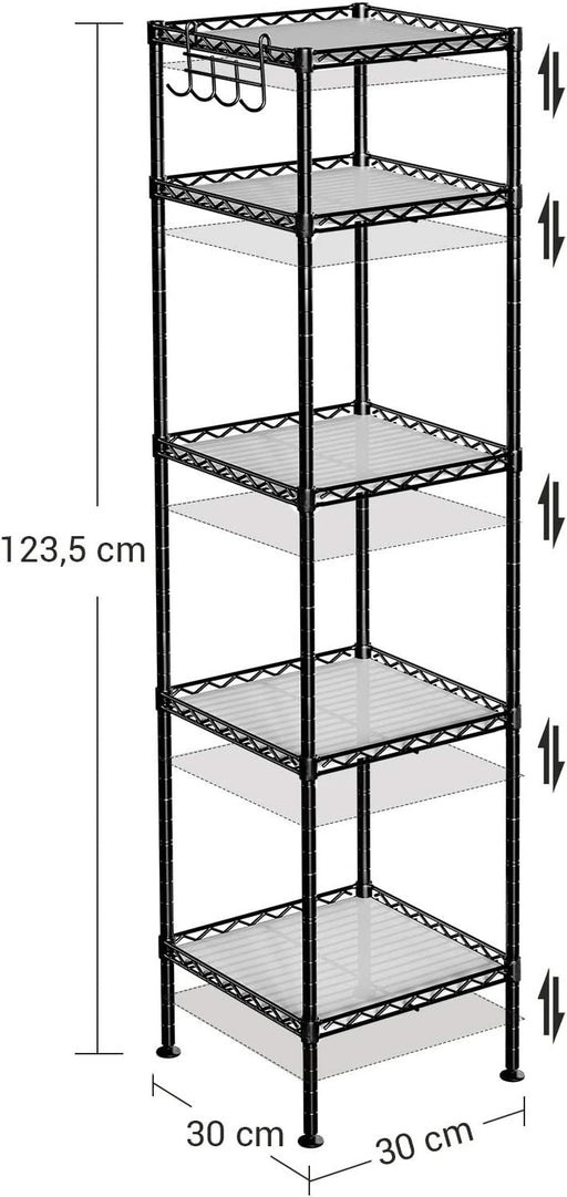 Raft Metalic Pentru Depozitare Cu 5 Rafturi, Carlige Detasabile, Extensibil, Negru, 30 Cm