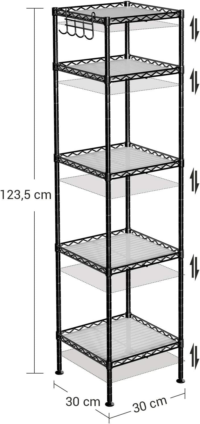 Raft Metalic Pentru Depozitare Cu 5 Rafturi, Carlige Detasabile, Extensibil, Negru, 30 Cm