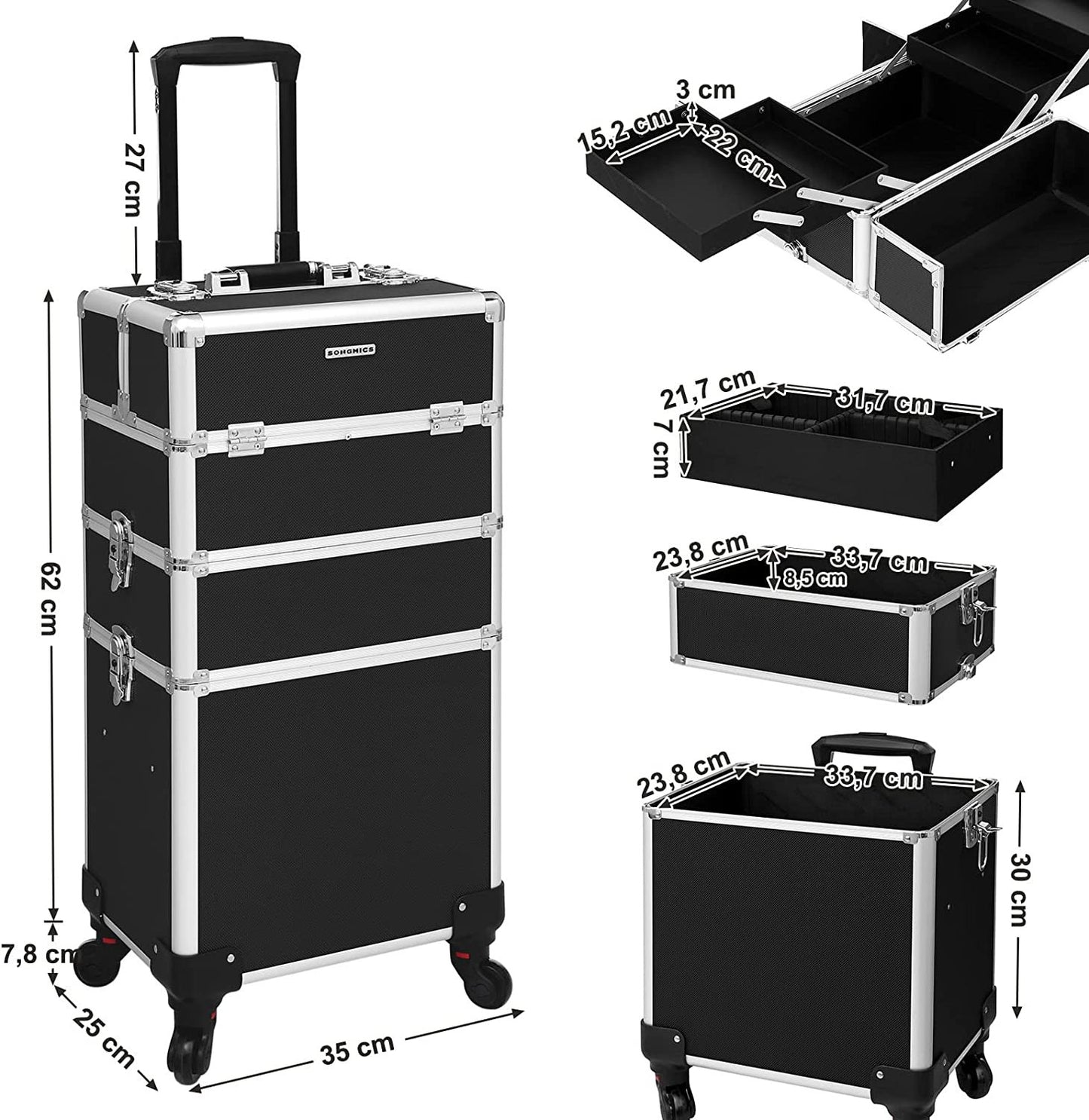 Carucior Mare Pentru Cosmetice 3 In 1 Cu Roti, Negru
