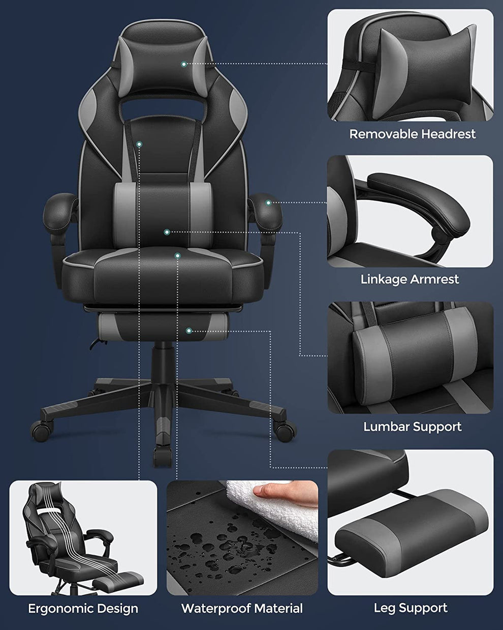 Scaun De Birou Ergonomic Reglabil, Cu Suport Telescopic, Tetiera, Suport Lombar, Negru Si Gri