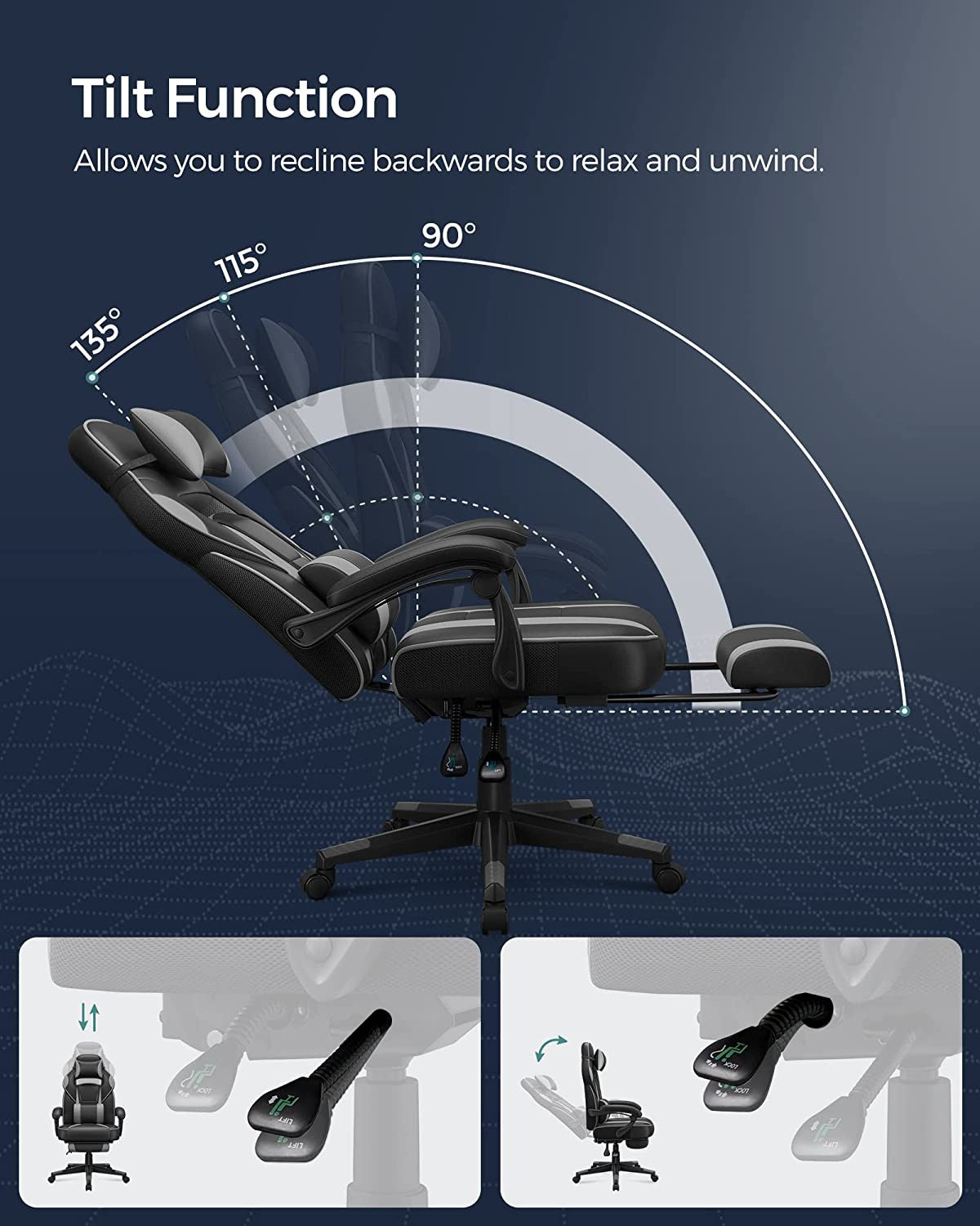 Scaun De Birou Ergonomic Reglabil, Cu Suport Telescopic, Tetiera, Suport Lombar, Negru Si Gri