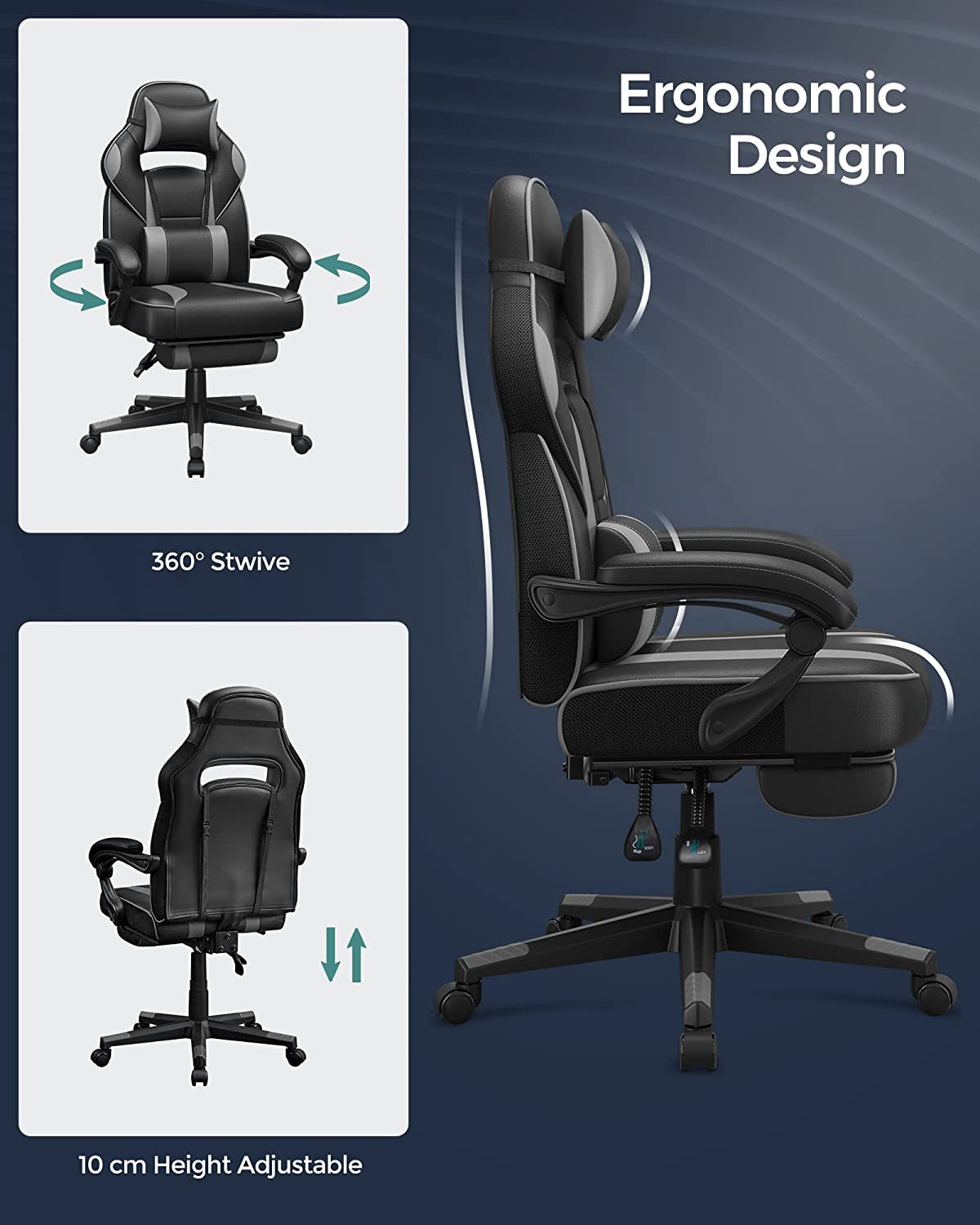 Scaun De Birou Ergonomic Reglabil, Cu Suport Telescopic, Tetiera, Suport Lombar, Negru Si Gri