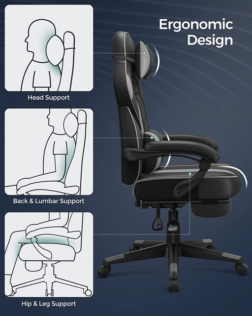 Scaun De Birou Ergonomic Reglabil, Cu Suport Telescopic, Tetiera, Suport Lombar, Negru Si Gri