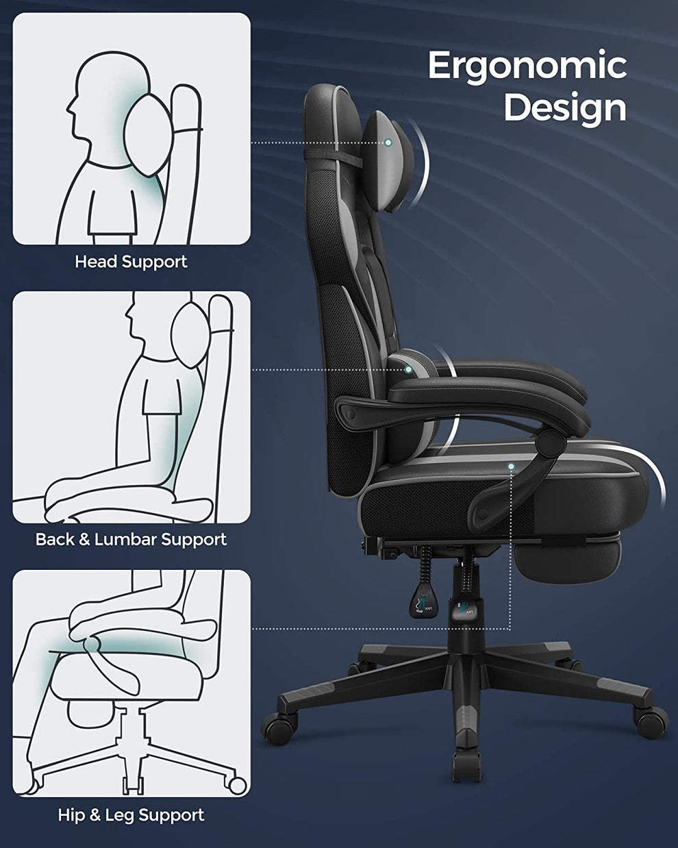 Scaun De Birou Ergonomic Reglabil, Cu Suport Telescopic, Tetiera, Suport Lombar, Negru Si Gri
