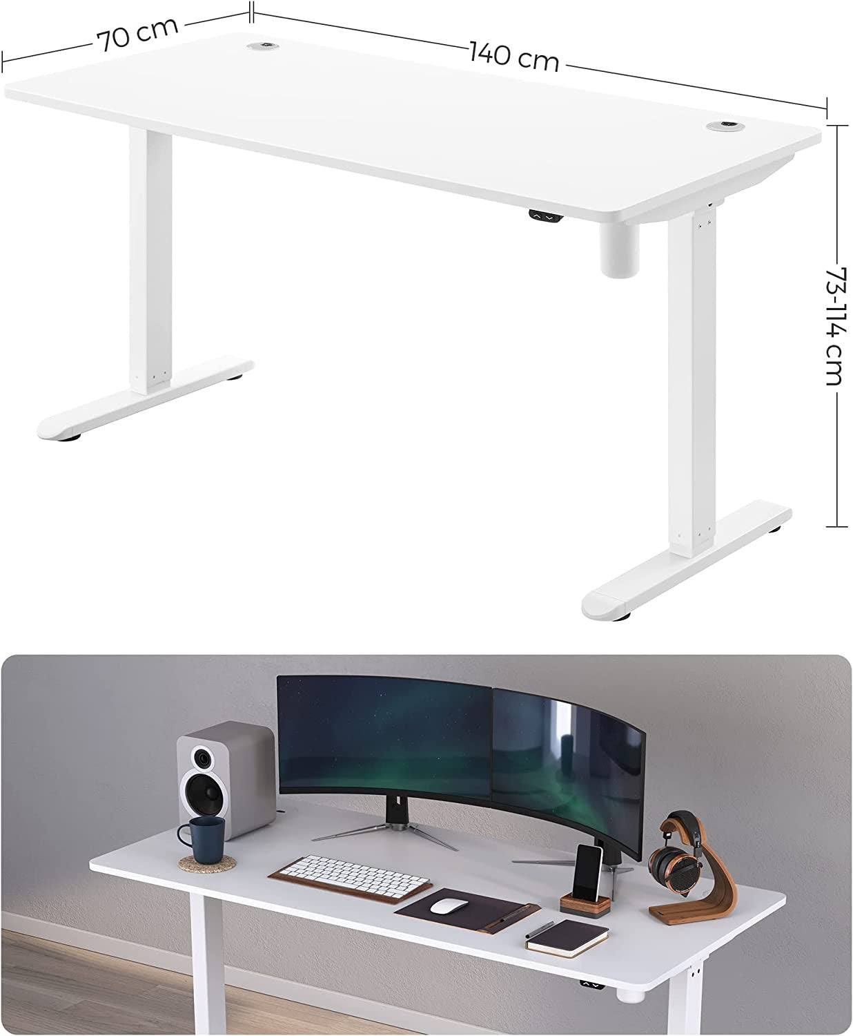Birou Electric, Reglabil Pe Inaltime, Alb, 140 X 70 Cm