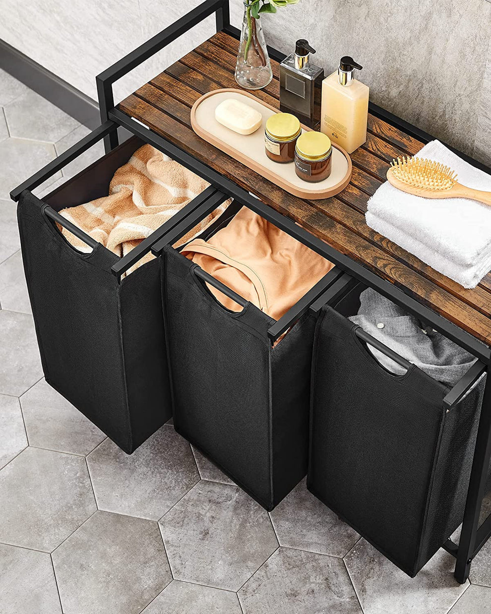 Cos De Rufe Cu 3 Saci Detasabili Si 1 Raft De Depozitare, Maro Rustic Si Negru