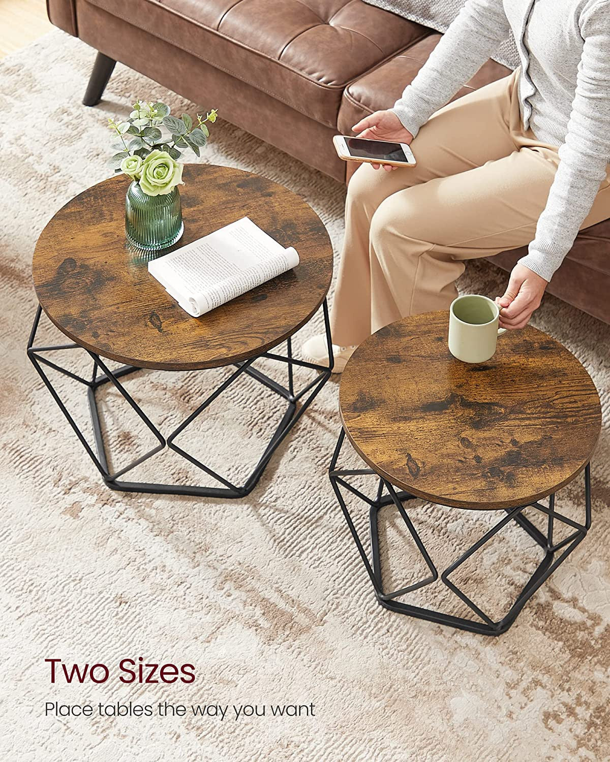 Set De 2 Masute De Cafea, Maro Rustic Si Negru