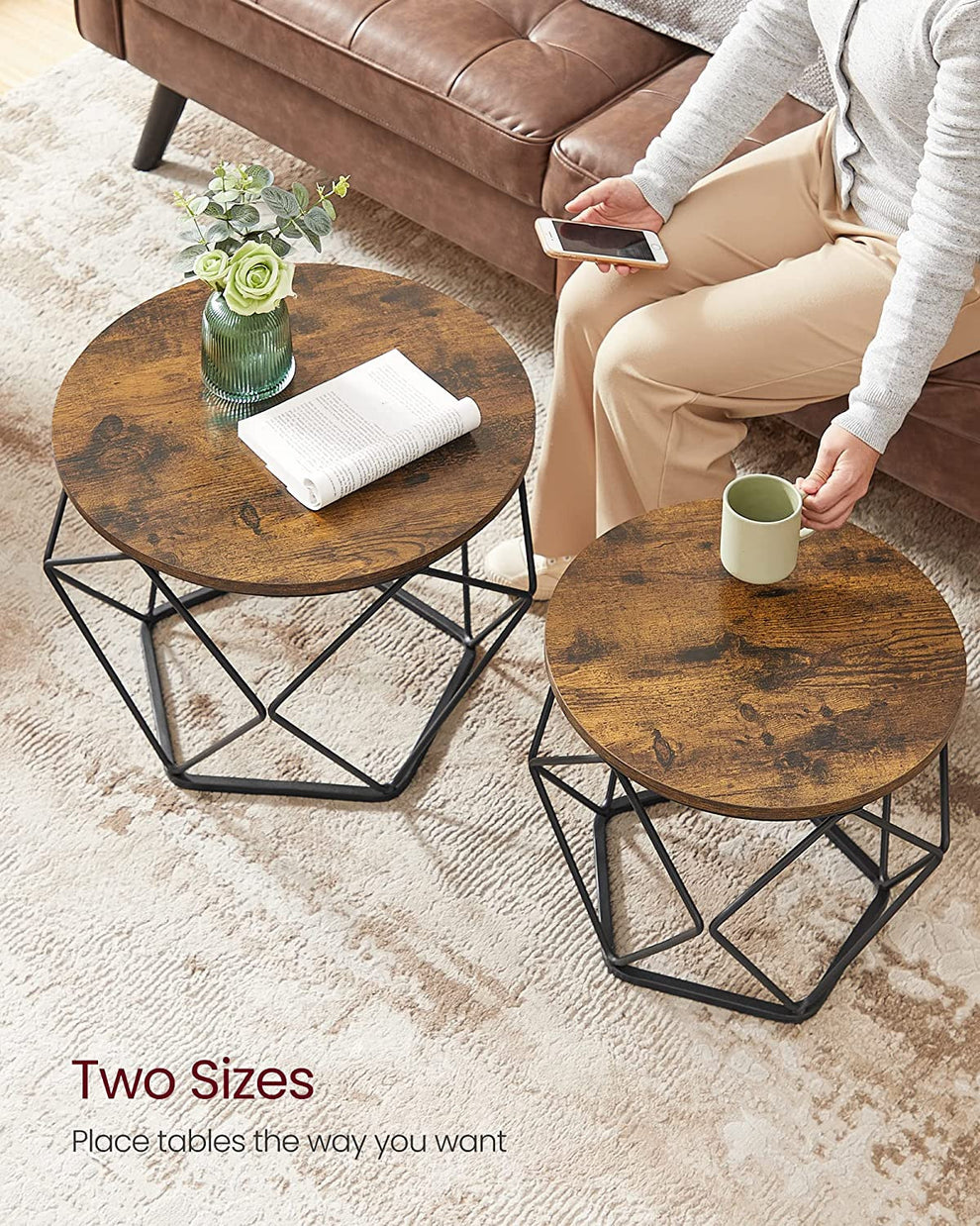 Set De 2 Masute De Cafea, Maro Rustic Si Negru