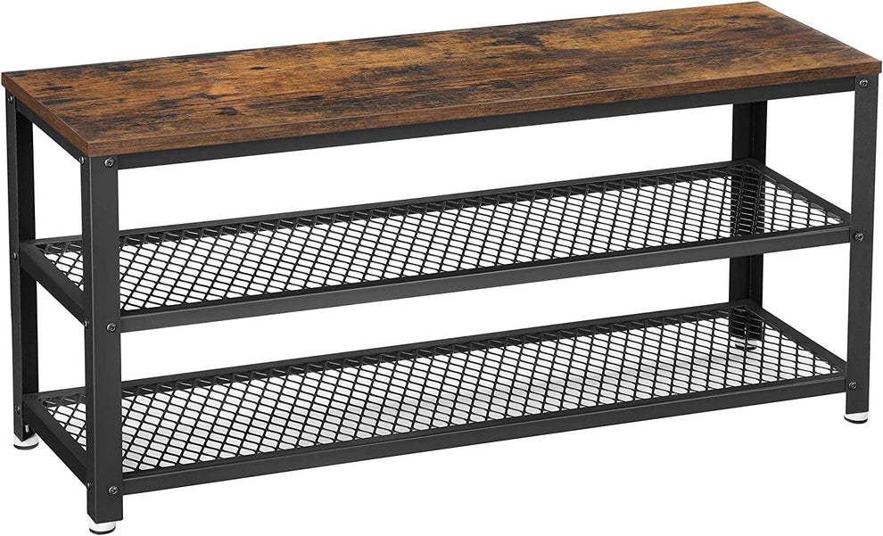 Banca Pentru Pantofi, Cu 2 Rafturi, Maro Rustic Si Negru , 100 Cm