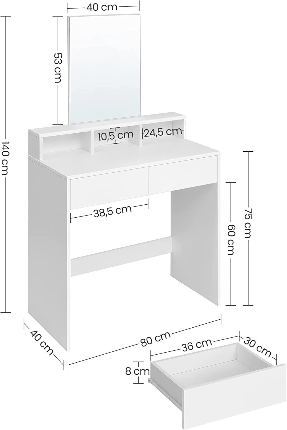 Masa De Toaleta Cu Oglinda, 2 Sertare Si 3 Compartimente, Alb, 80 Cm