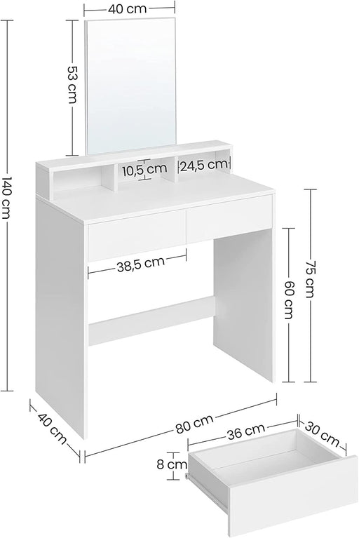 Masa De Toaleta Cu Oglinda, 2 Sertare Si 3 Compartimente, Alb, 80 Cm