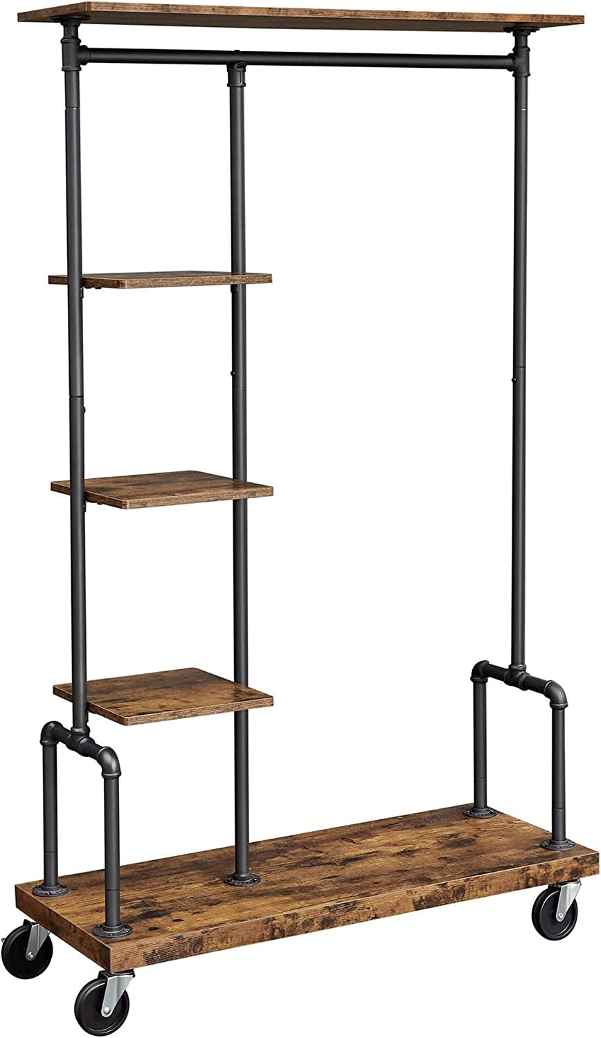 Suport Pentru Haine Pe Roti, Maro Rustic Si Negru, 103.5 Cm