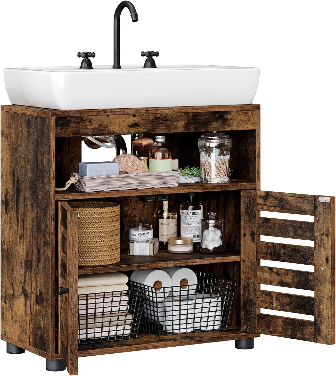 Dulap De Depozitare Chiuveta , Cu 2 Usi, Polita Reglabila, Maro Rustic, 60 Cm