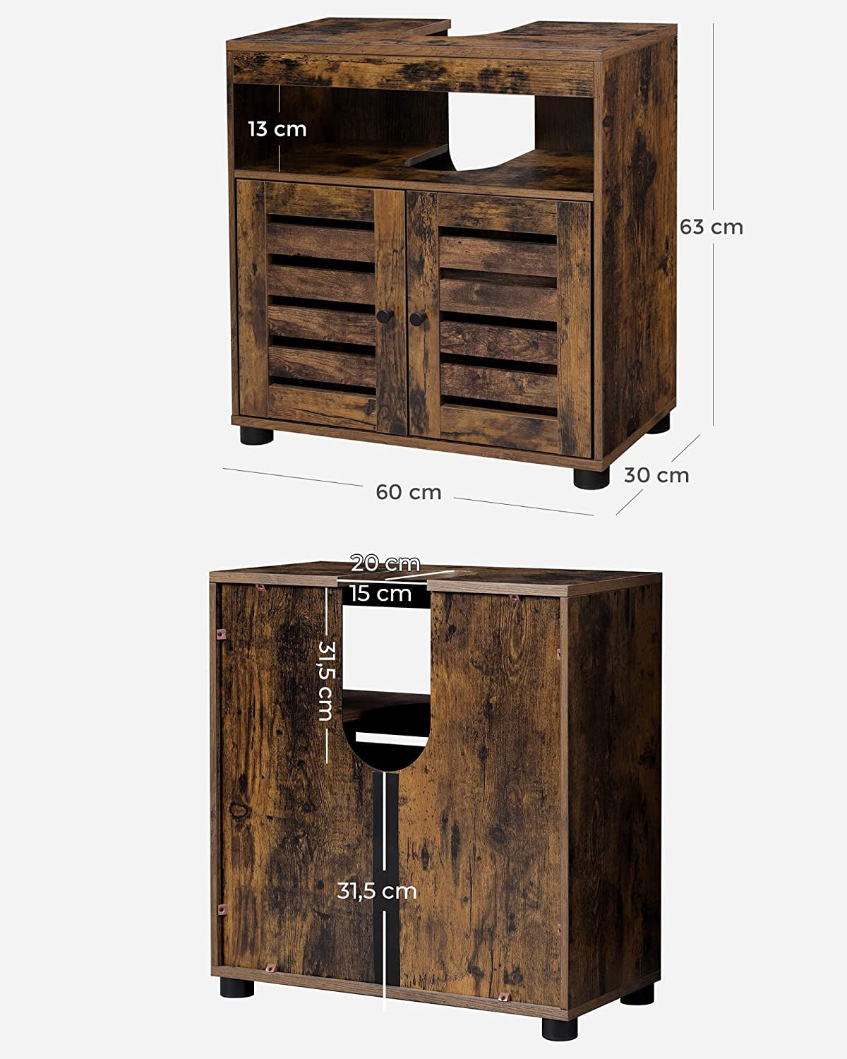 Dulap De Depozitare Chiuveta , Cu 2 Usi, Polita Reglabila, Maro Rustic, 60 Cm