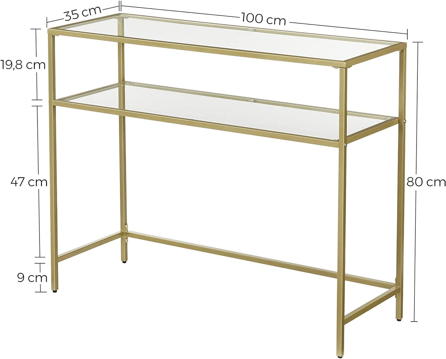Consola Cu 2 Rafturi, Picioare Reglabile, Auriu, 100 Cm