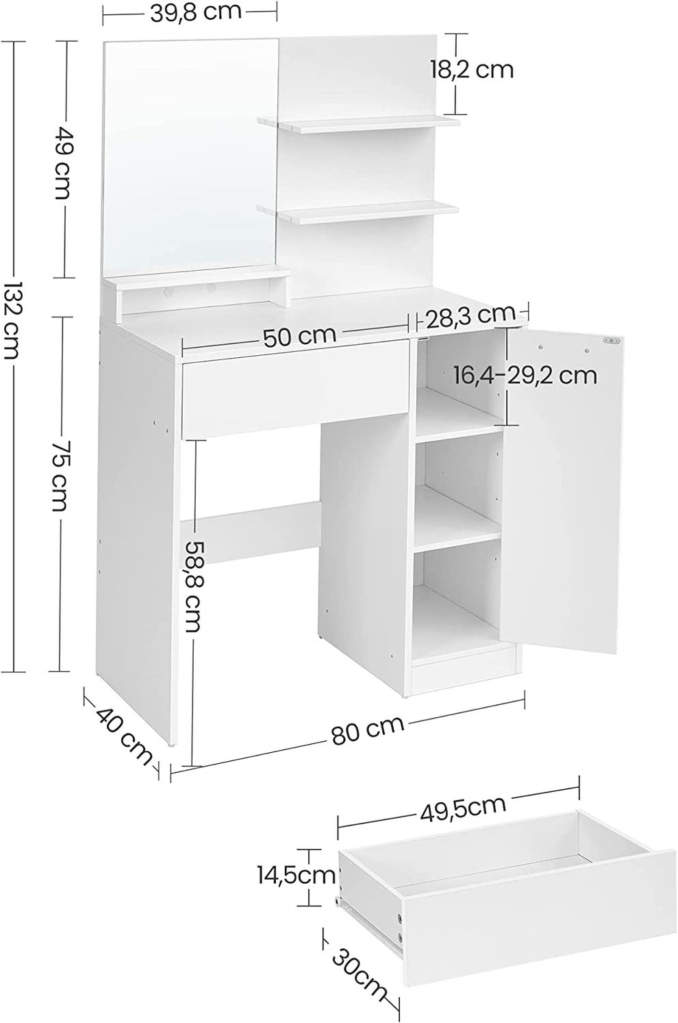 Masuta De Toaleta Cu Oglinda, 1 Sertar Si 2 Rafturi, Alb, 80 Cm