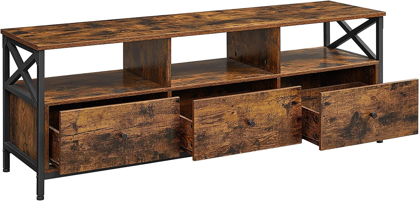 Comoda Tv Cu 3 Sertare Si Rafturi De Depozitare, Maro Rustic Si Negru, 147 Cm