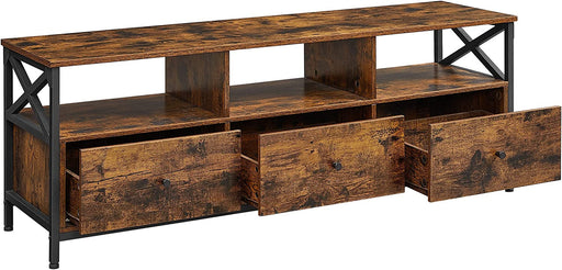 Comoda Tv Cu 3 Sertare Si Rafturi De Depozitare, Maro Rustic Si Negru, 147 Cm