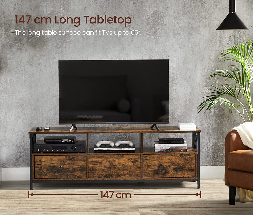 Comoda Tv Cu 3 Sertare Si Rafturi De Depozitare, Maro Rustic Si Negru, 147 Cm
