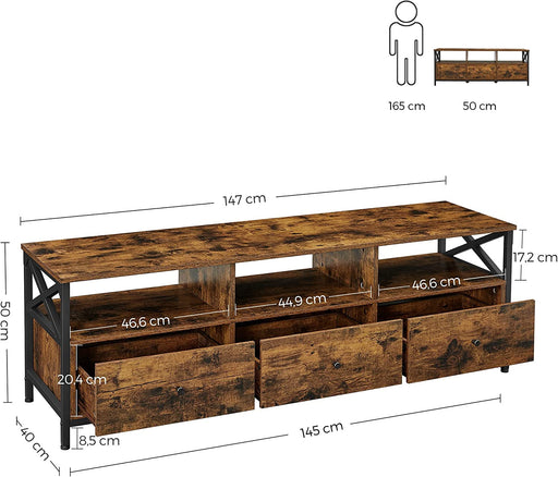 Comoda Tv Cu 3 Sertare Si Rafturi De Depozitare, Maro Rustic Si Negru, 147 Cm