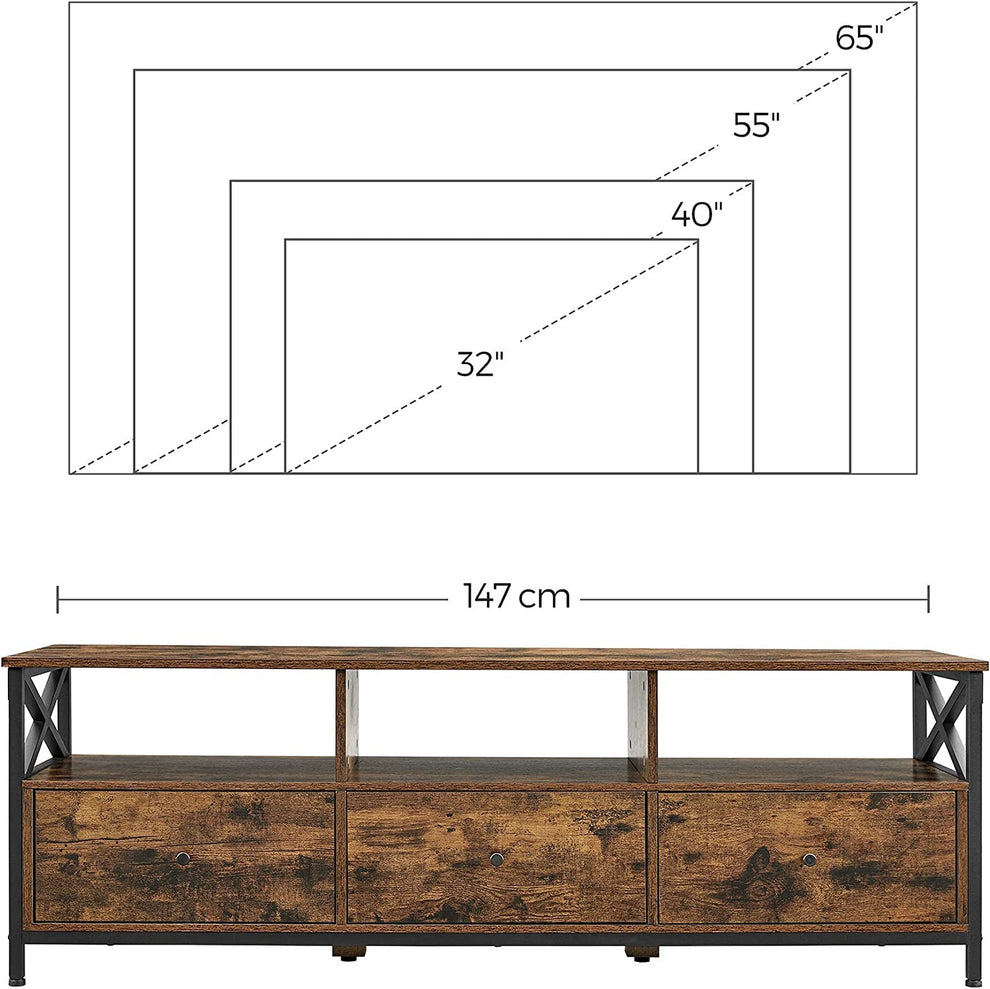 Comoda Tv Cu 3 Sertare Si Rafturi De Depozitare, Maro Rustic Si Negru, 147 Cm