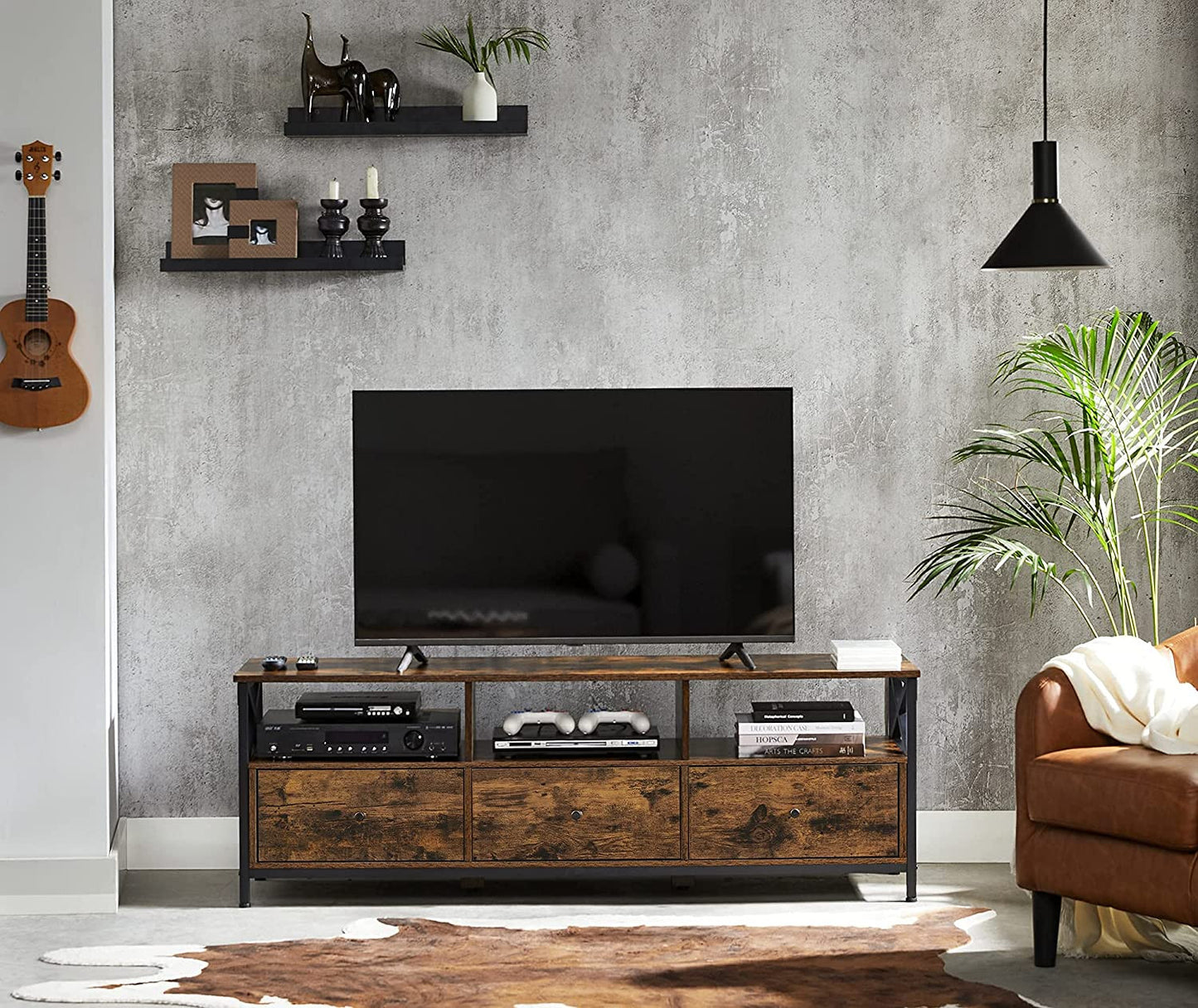 Comoda Tv Cu 3 Sertare Si Rafturi De Depozitare, Maro Rustic Si Negru, 147 Cm