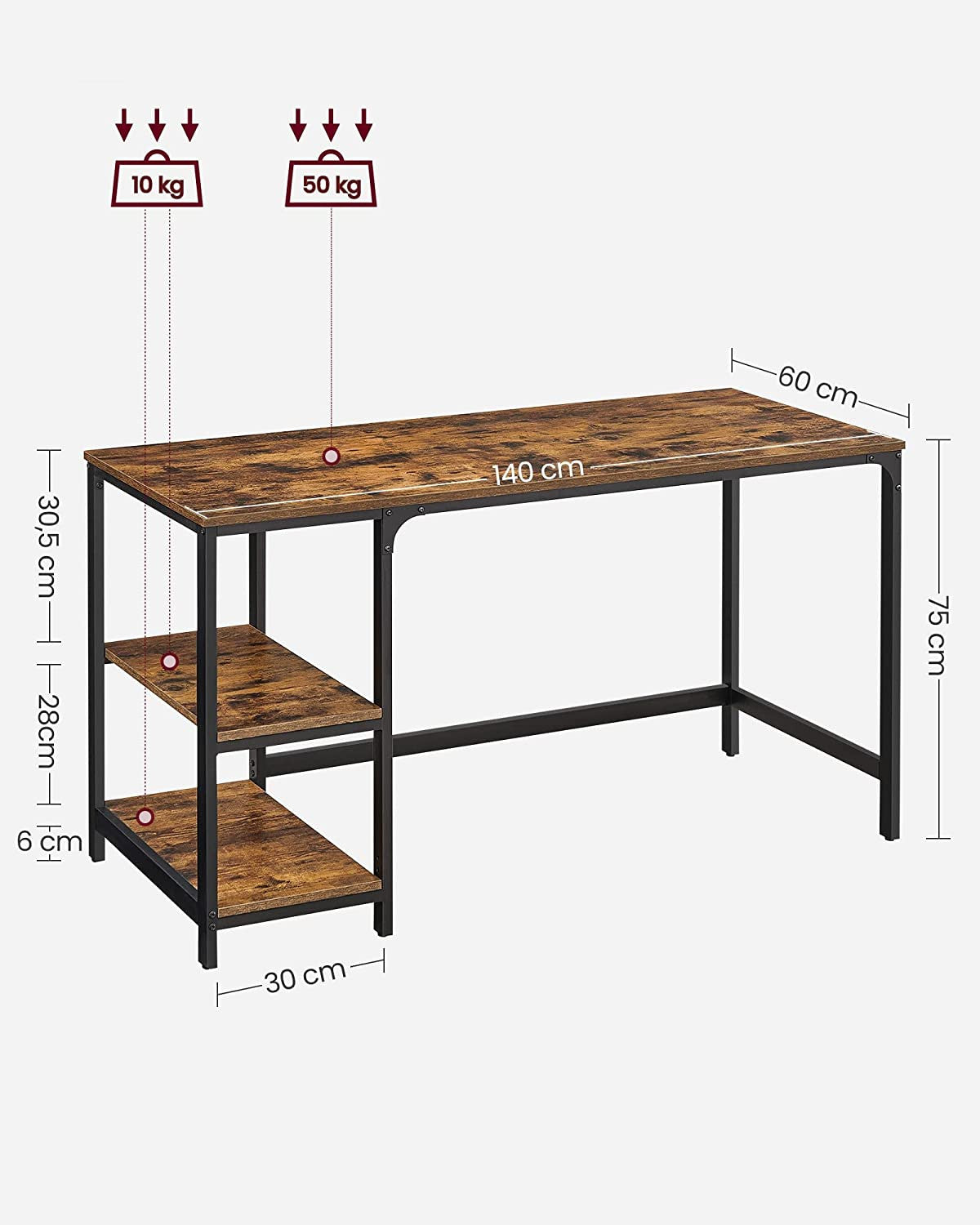 Birou Cu 2 Rafturi , Maro Rustic Si Negru, 140 X 60 Cm