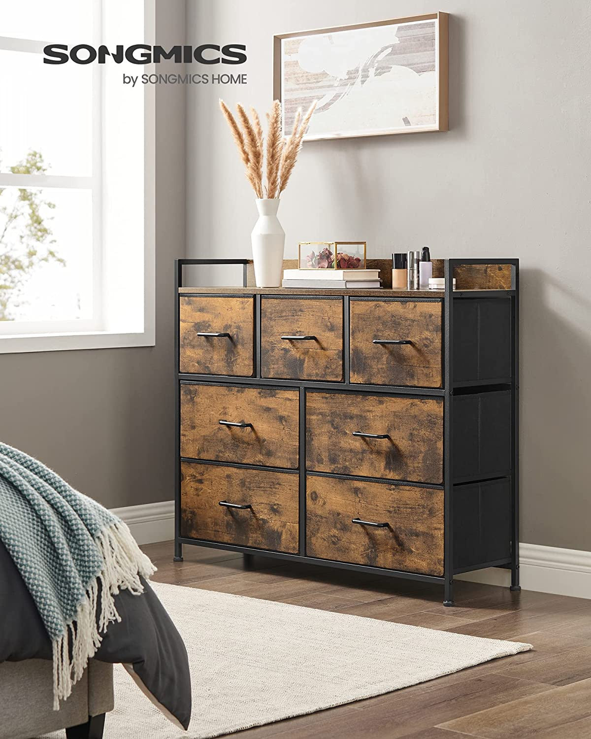 Comoda Cu 7 Sertare, Maro Rustic Și Negru, 98 Cm