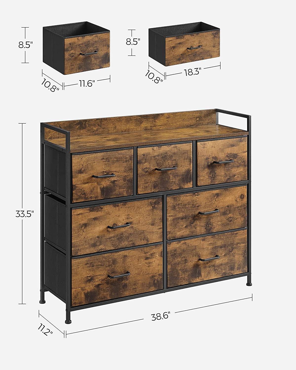 Comoda Cu 7 Sertare, Maro Rustic Și Negru, 98 Cm