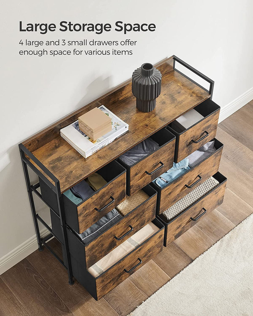 Comoda Cu 7 Sertare, Maro Rustic Și Negru, 98 Cm