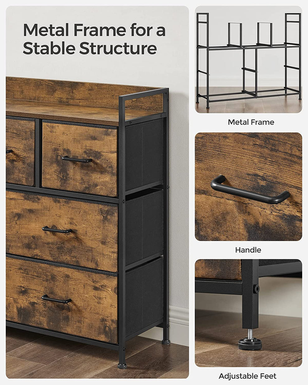 Comoda Cu 7 Sertare, Maro Rustic Și Negru, 98 Cm