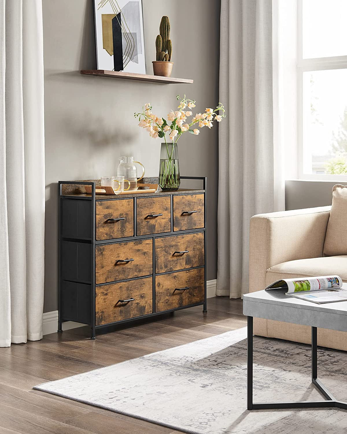 Comoda Cu 7 Sertare, Maro Rustic Și Negru, 98 Cm