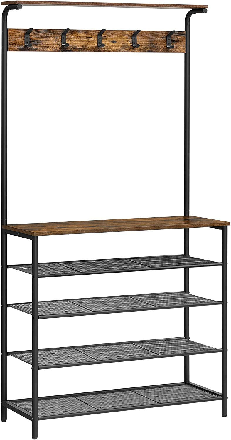 Suport Pentru Haine Cu Suport Pentru Pantofi Cu 5 Niveluri, Maro Rustic Si Negru, 80 Cm