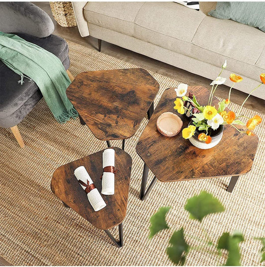 Set De 3 Masute De Cafea, Maro Rustic Si Negru