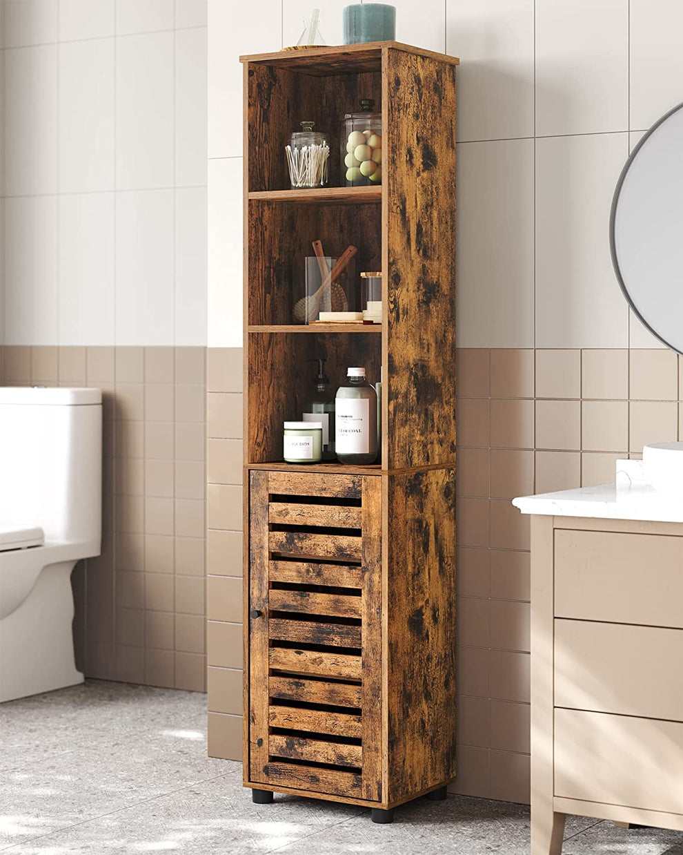 Dulap Inalt Pentru Baie, Cu 3 Compartimente Deschise Și 2 Rafturi Reglabile, Maro Rustic, 40 Cm