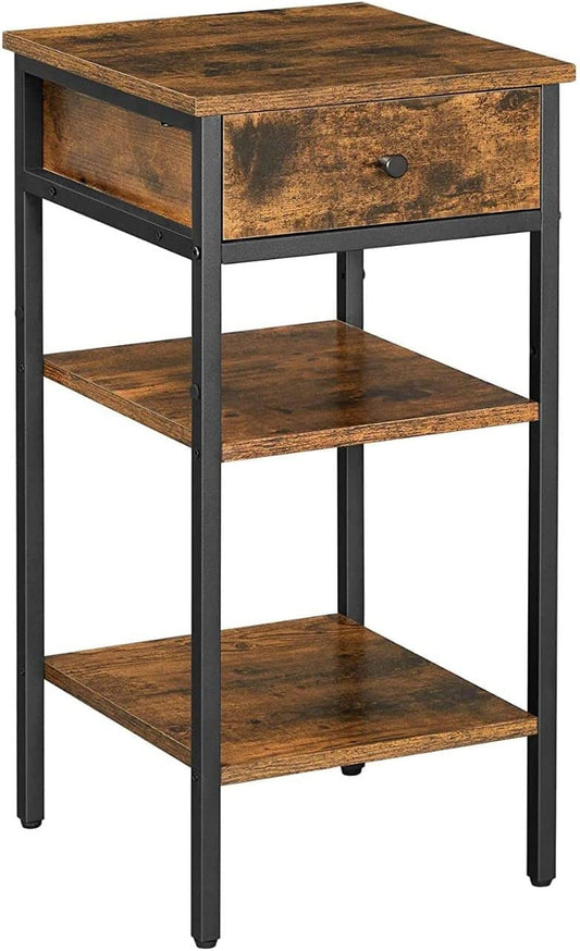 Masuta Inalta Cu Sertar Si 2 Rafturi De Depozitare, Maro Rustic Si Negru, 35 Cm