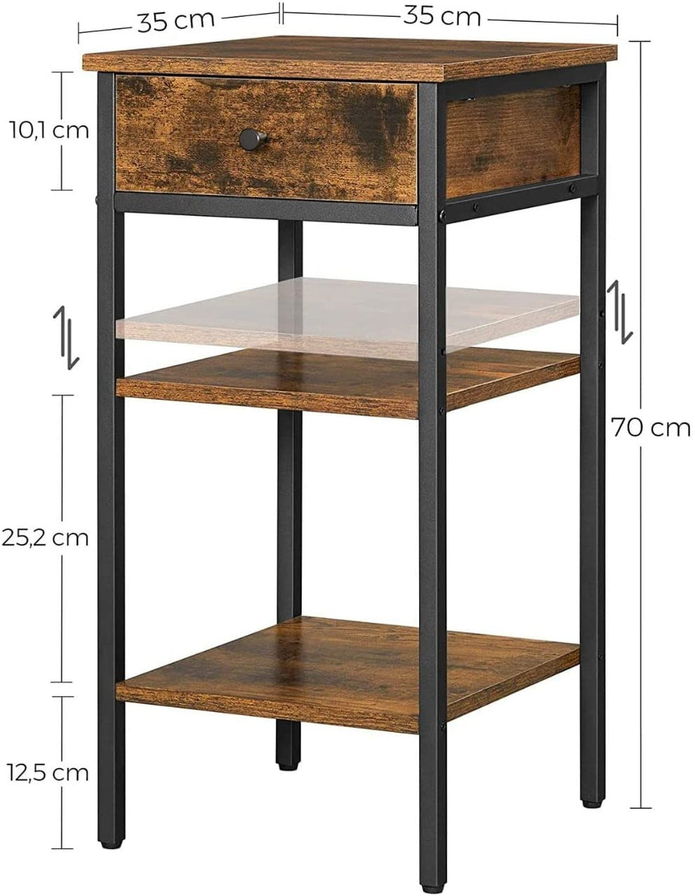 Masuta Inalta Cu Sertar Si 2 Rafturi De Depozitare, Maro Rustic Si Negru, 35 Cm
