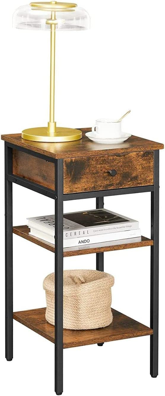Masuta Inalta Cu Sertar Si 2 Rafturi De Depozitare, Maro Rustic Si Negru, 35 Cm