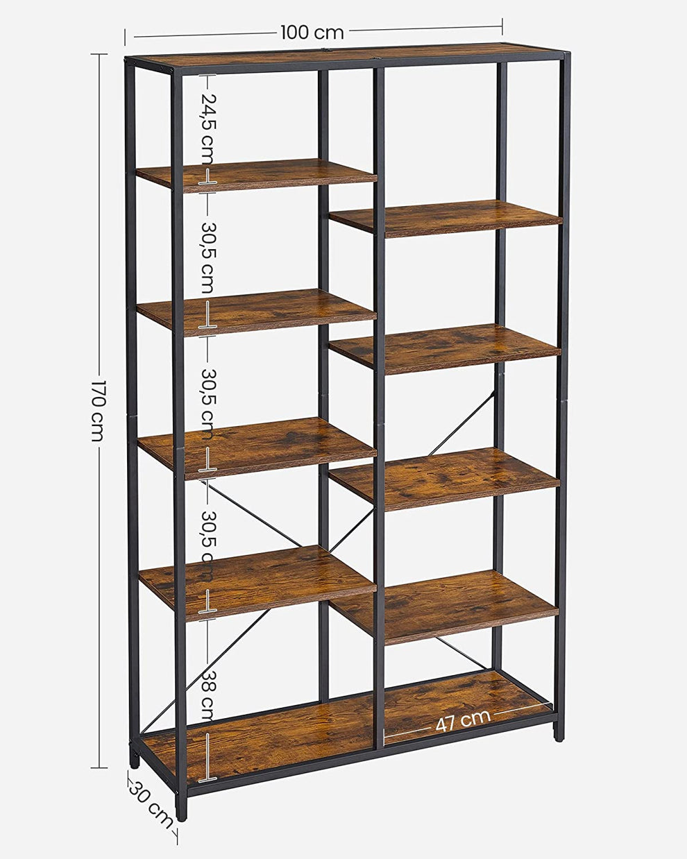Biblioteca Cu 5 Niveluri, Maro Rustic Si Negru, 100 Cm