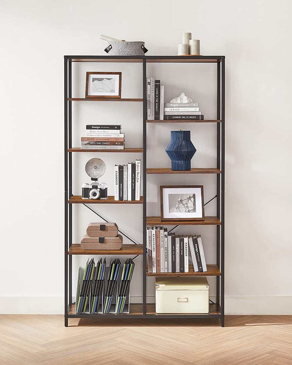 Biblioteca Cu 5 Niveluri, Maro Rustic Si Negru, 100 Cm