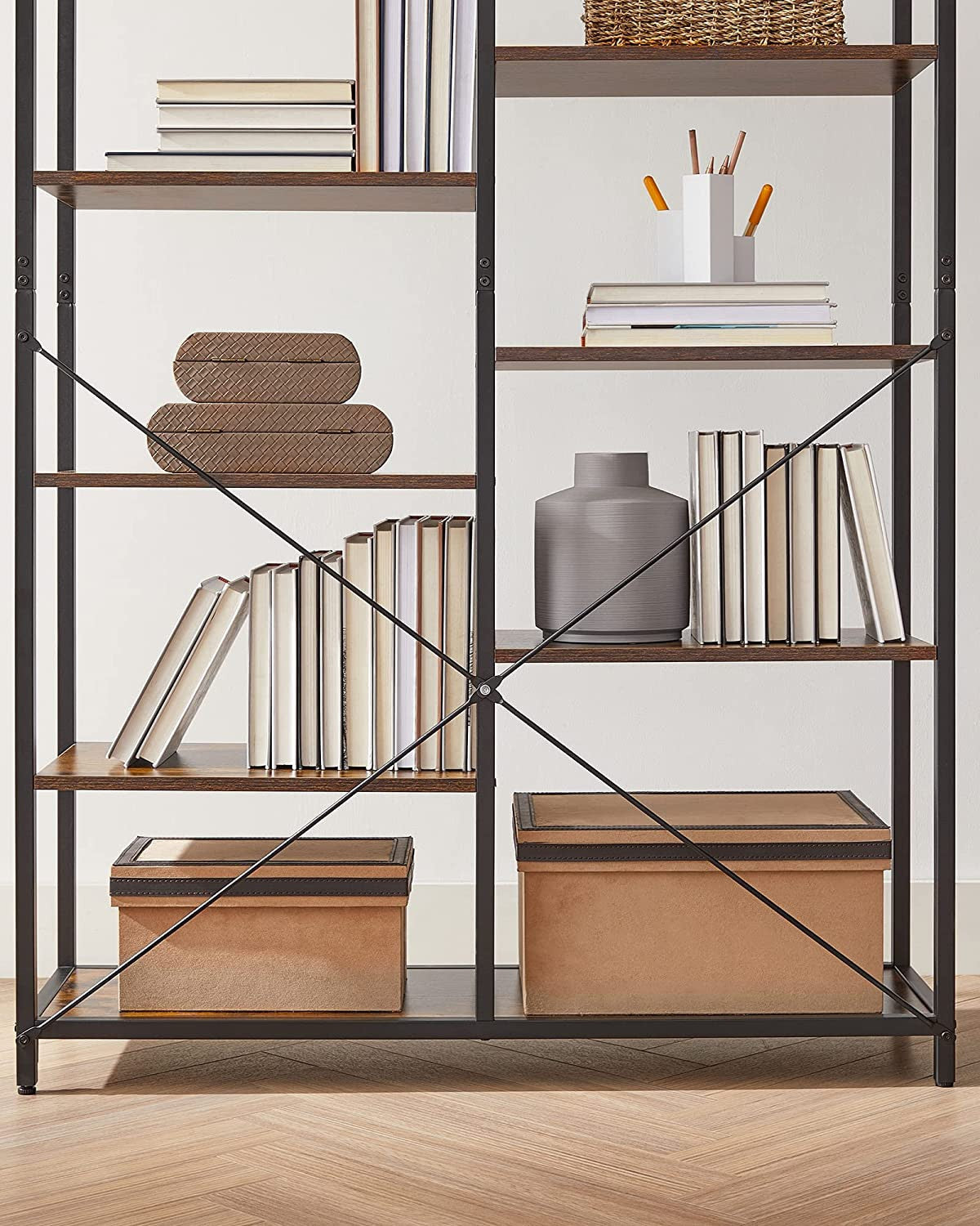 Biblioteca Cu 5 Niveluri, Maro Rustic Si Negru, 100 Cm